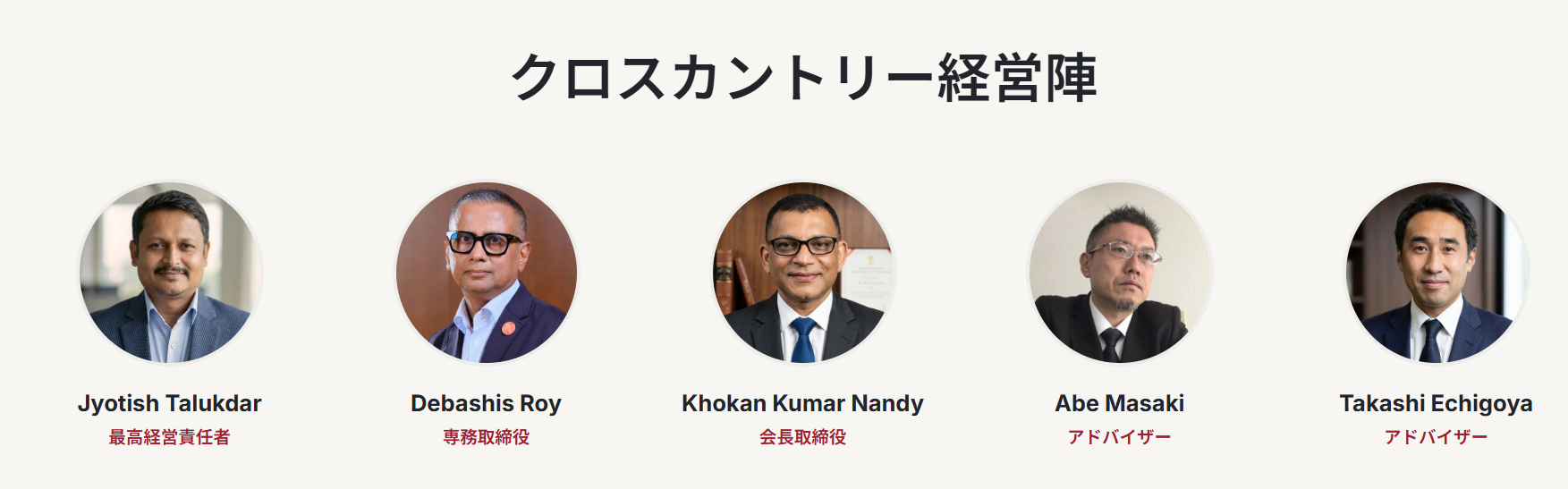 JKH経営陣・アドバイザー：Jyotish Talukdar、Debashis Roy、Khokan Kumar Nandy、Abe Masaki、Takashi Echigoya
